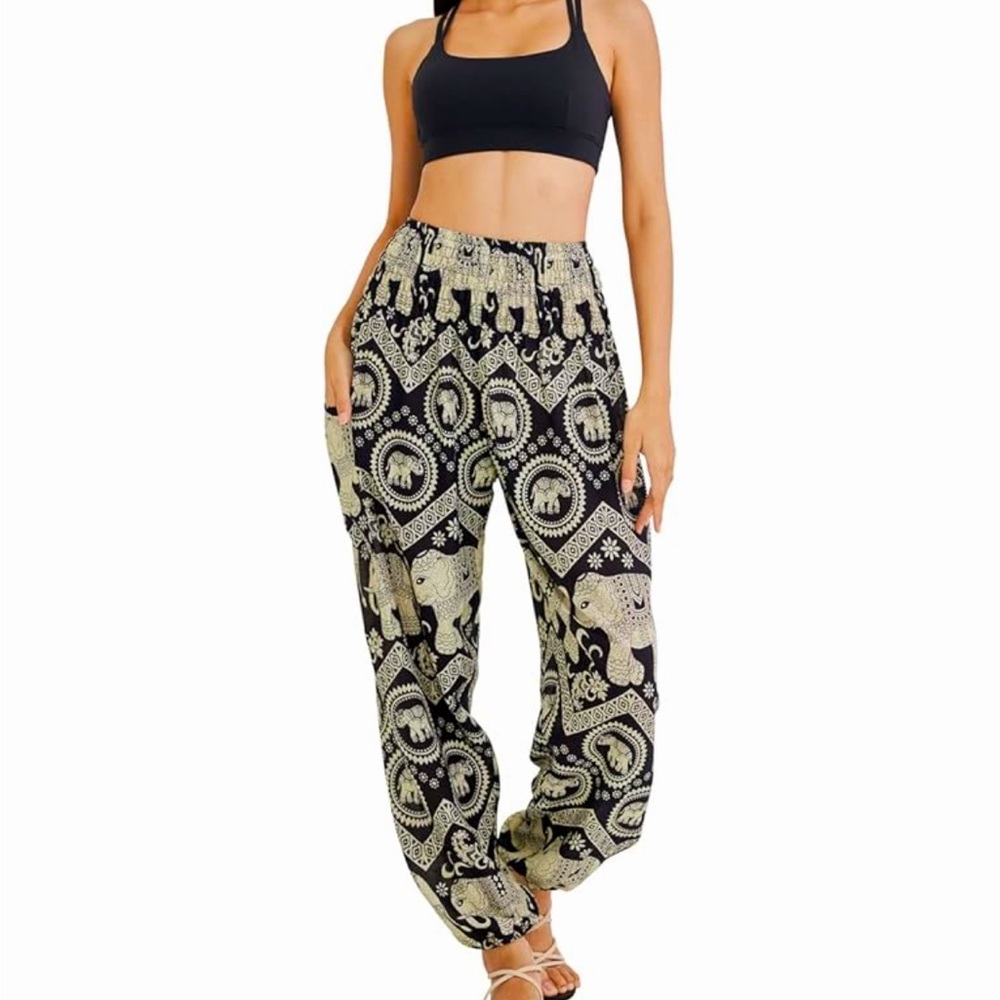 Joob Joob Boho Bali Harem Yoga Pants S/M Elephant Ganesha Print High Waist